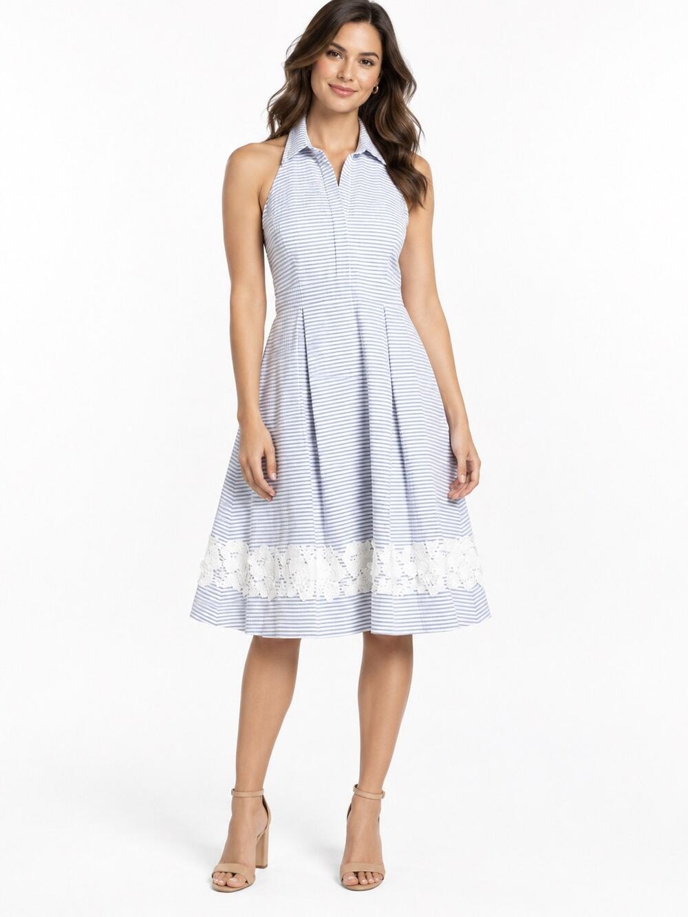 Eliza J Blue White Stripe Halter Shirtdress Floral Lace Smocked Back Midi Size 8